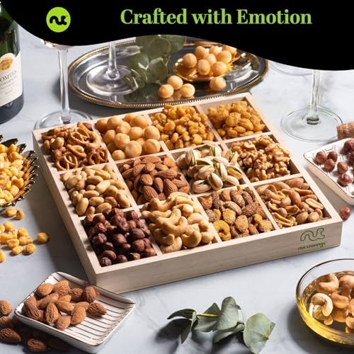 NUT CRAVINGS - Thanksgiving Mixed Nuts Gift Basket in Reusable Wooden Tray + Green Ribbon (12 Assortments) Holiday Xmas Christmas Food Arrangement, Healthy Snack Care Package - Image 2