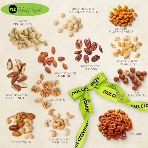 NUT CRAVINGS - Thanksgiving Mixed Nuts Gift Basket in Reusable Wooden Tray + Green Ribbon (12 Assortments) Holiday Xmas Christmas Food Arrangement, Healthy Snack Care Package - Image 5