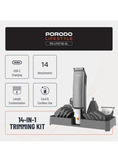 porodo Lifestyle 14-IN-1 Trimming & Grooming Kit with Length Customization & Stainless-Steel Blades / Hair Clippers for Hair Cutting / 90Min Working Time / Cord & Cordless Use / USB-C Charging Port / Rechargeable - Silver  - Image 2