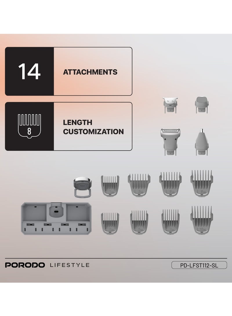Lifestyle 14-IN-1 Trimming & Grooming Kit with Length Customization & Stainless-Steel Blades / Hair Clippers for Hair Cutting / 90Min Working Time / Cord & Cordless Use / USB-C Charging Port / 600 mAh Rechargeable Battery / IPX6 Water Resistant - Silver