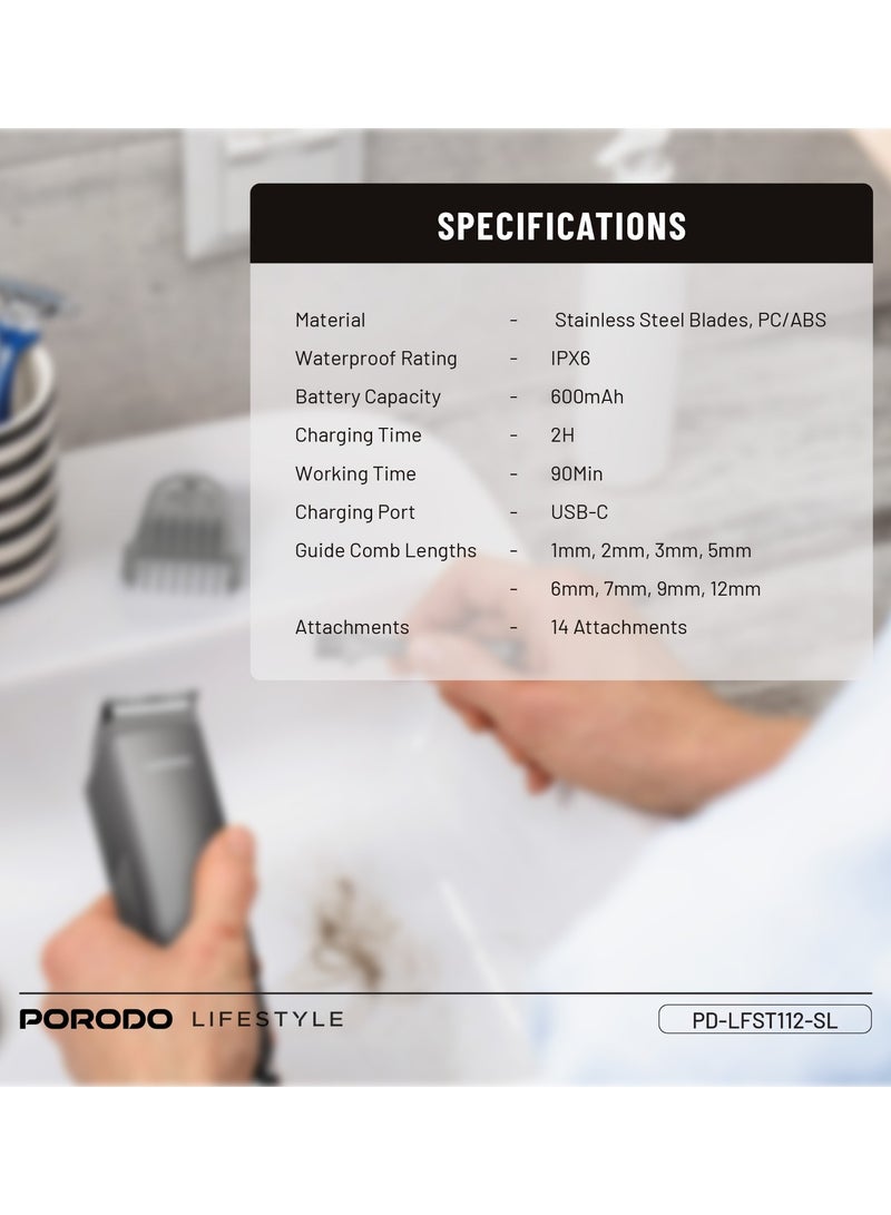 Lifestyle 14-IN-1 Trimming & Grooming Kit with Length Customization & Stainless-Steel Blades / Hair Clippers for Hair Cutting / 90Min Working Time / Cord & Cordless Use / USB-C Charging Port / 600 mAh Rechargeable Battery / IPX6 Water Resistant - Silver