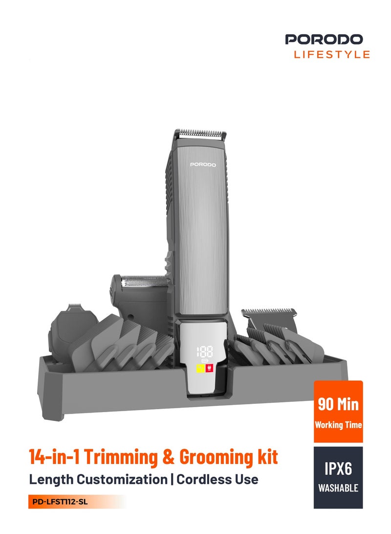 porodo 14-in-1 Trimming Kit, Face, Ear, Nose & Hair Trimmer, 4×Detachable Heads, 10 Day Use on Full Charge, IPX6 Waterproof, 14×Included Attachments [Custom Combs/Cable/Oil/Brush] - Silver - Image 1