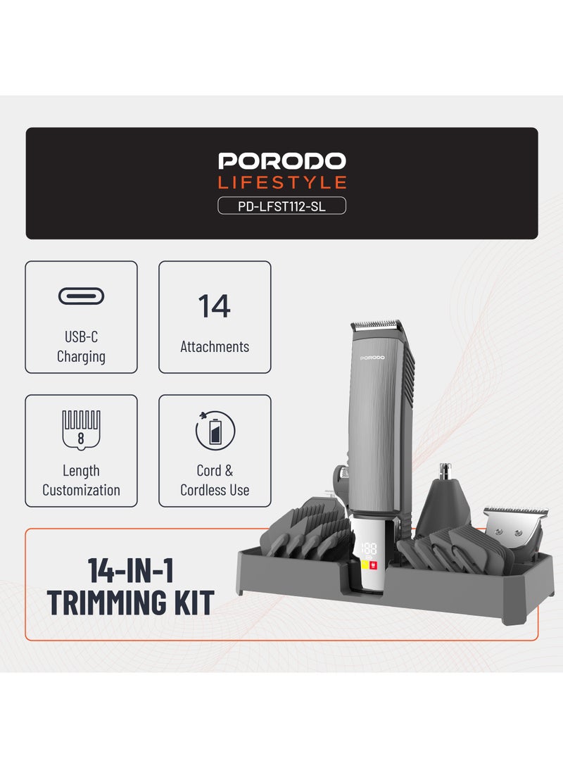 porodo 14-in-1 Trimming Kit, Face, Ear, Nose & Hair Trimmer, 4×Detachable Heads, 10 Day Use on Full Charge, IPX6 Waterproof, 14×Included Attachments [Custom Combs/Cable/Oil/Brush] - Silver - Image 2
