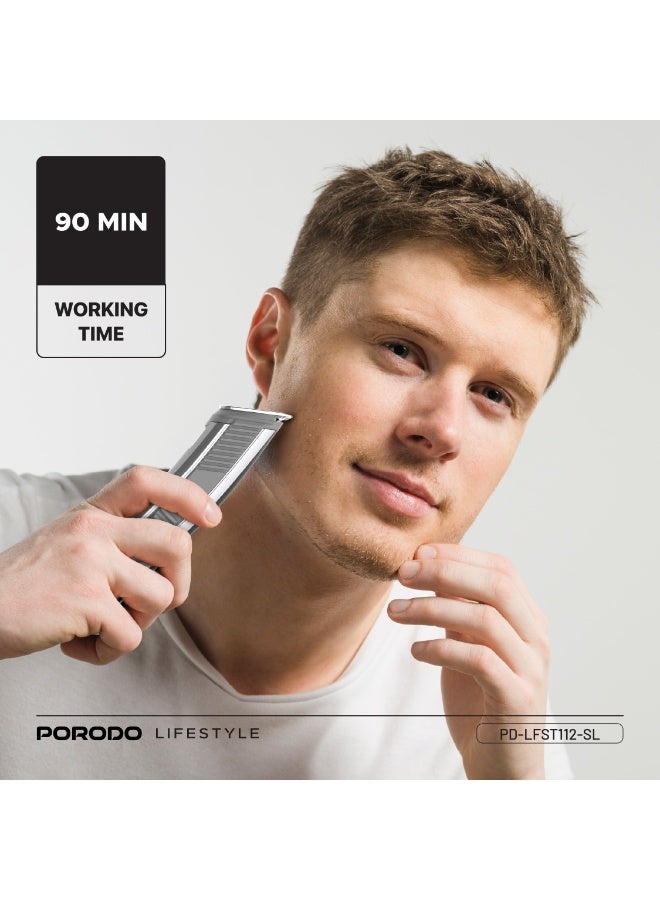 porodo 14-in-1 Trimming Kit, Face, Ear, Nose & Hair Trimmer, 4×Detachable Heads, 10 Day Use on Full Charge, IPX6 Waterproof, 14×Included Attachments [Custom Combs/Cable/Oil/Brush] - Silver - Image 4