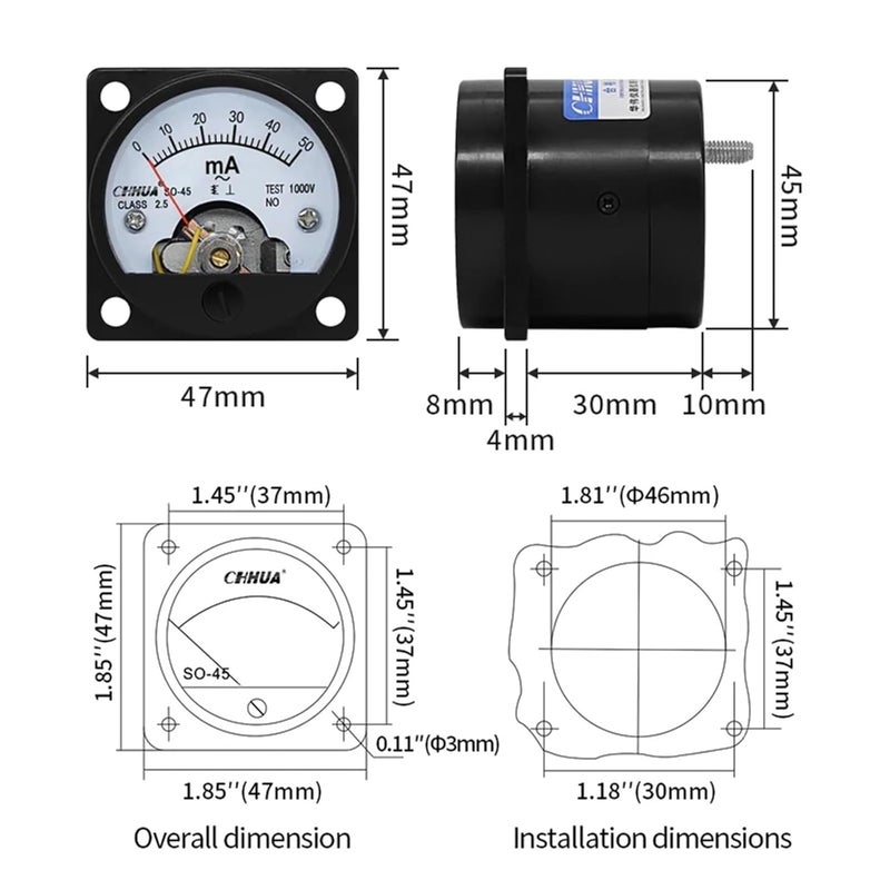 Analog AC Ammeter Pointer Current Meter 20MA 47X47MM Measuring Tool - Image 3