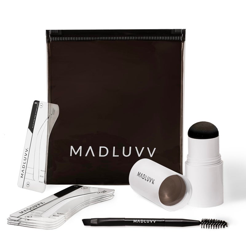 MADLUVV Brow Stamp Kit with Brow Stencils â€“ Easy Eyebrow Shaper for Natural-Looking Brows â€“ Popular Eyebrow Stencil Kit Used by Professionals â€“ 9 Shapes, Spoolie, Travel Bag & Stamp (Soft Brown) - Image 1