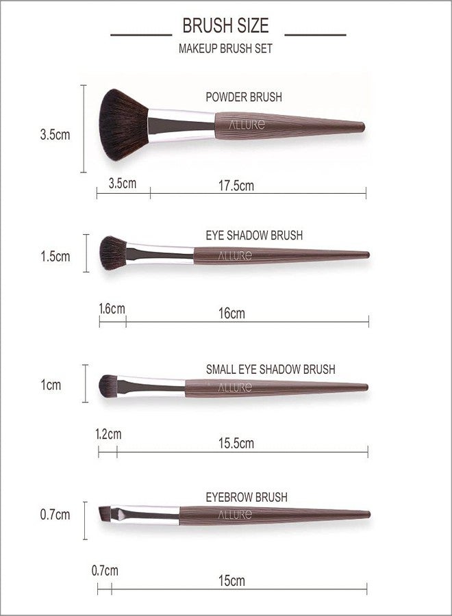 ALLURE Chocolate Brown Professional Makeup Brush Set, 4 Pieces, Synthetic Fiber, Wooden Handle, with Travel Bag, for Face and Eyes - Image 2