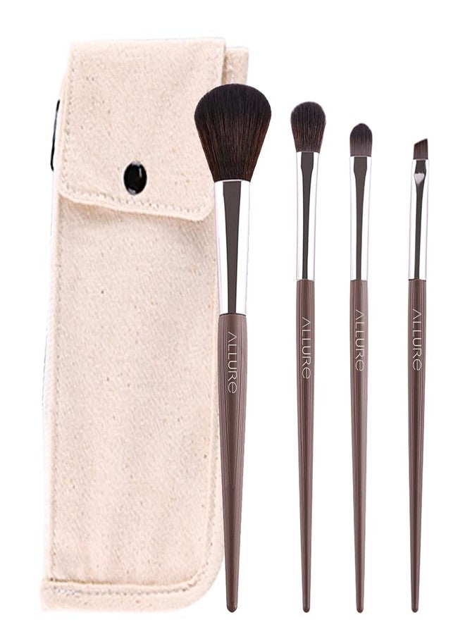 ALLURE Chocolate Brown Professional Makeup Brush Set, 4 Pieces, Synthetic Fiber, Wooden Handle, with Travel Bag, for Face and Eyes - Image 1