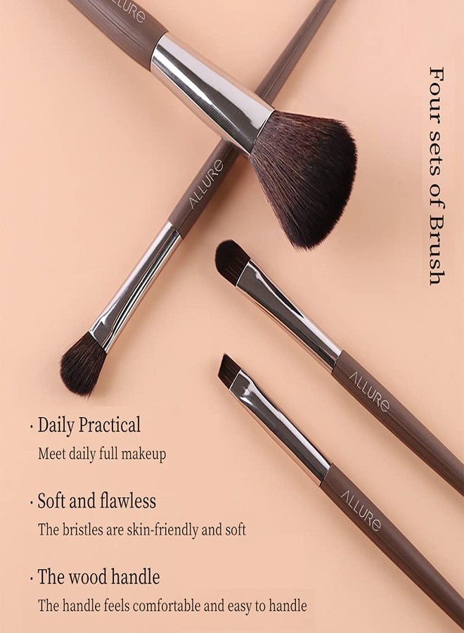 ALLURE Chocolate Brown Professional Makeup Brush Set, 4 Pieces, Synthetic Fiber, Wooden Handle, with Travel Bag, for Face and Eyes - Image 4