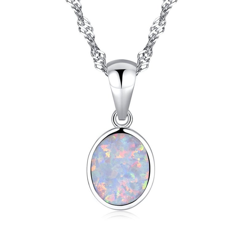 CiNily White Fire Opal Pendant Necklace 14K White Gold Plated Oval Shaped Gemstone Pendant Necklace for Ladies - Image 1