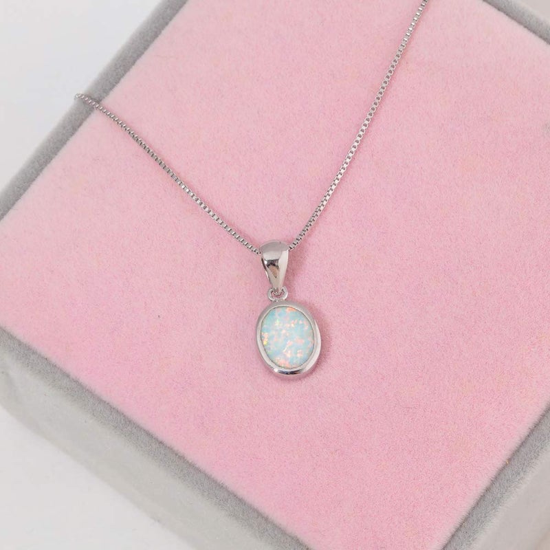 CiNily White Fire Opal Pendant Necklace 14K White Gold Plated Oval Shaped Gemstone Pendant Necklace for Ladies - Image 3