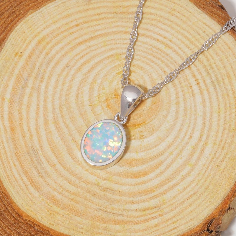 CiNily White Fire Opal Pendant Necklace 14K White Gold Plated Oval Shaped Gemstone Pendant Necklace for Ladies - Image 4