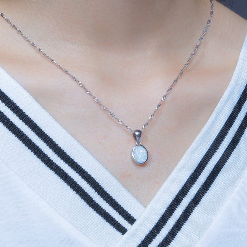 CiNily White Fire Opal Pendant Necklace 14K White Gold Plated Oval Shaped Gemstone Pendant Necklace for Ladies - Image 2