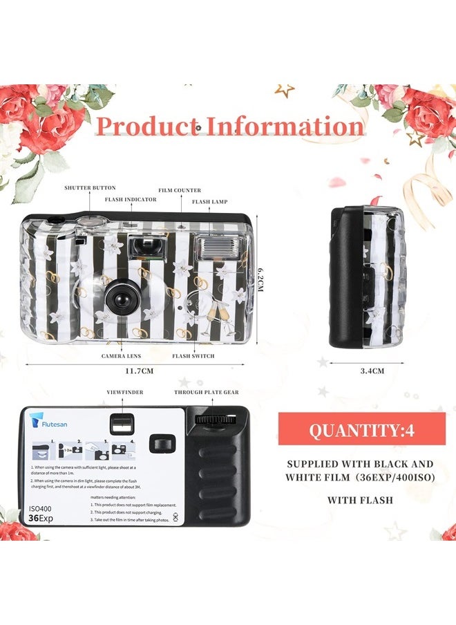 Macarrie - 4 Pack Disposable Camera Wedding Disposable Camera Black and White Film Camera Disposable Camera with Flash One Time Use Camera 36 Exp/400 ISO for Wedding Anniversary Travel Camp Party Supply (Flower) - Image 1