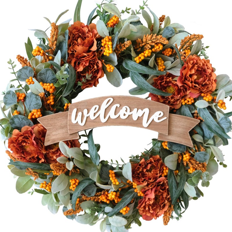 24 Inch Fall Peony Eucalyptus Leaves Wreath for Front Door Autumn Flower Berry Wreath for Indoor Outdoor Welcome Wood Sign Wreath for Home Decor