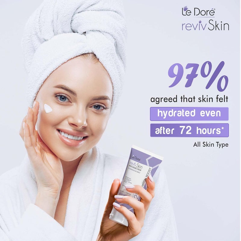 Le Dore RevivSkin Moisturizer  Clinically Proven 72hrs Deep Hydration Cream With Hyaluronic Acid Ceramide Vitamin E Aloe Vera Cocoa Shea Butter Oatmeal For All Skin Types Face and Body 100 ml - Image 4