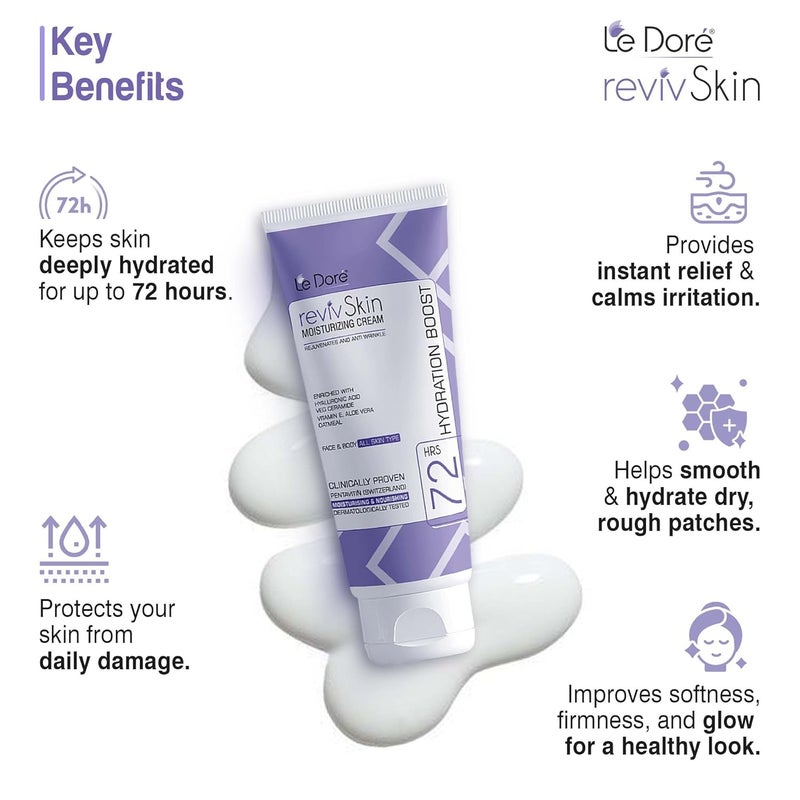Le Dore RevivSkin Moisturizer  Clinically Proven 72hrs Deep Hydration Cream With Hyaluronic Acid Ceramide Vitamin E Aloe Vera Cocoa Shea Butter Oatmeal For All Skin Types Face and Body 100 ml - Image 3