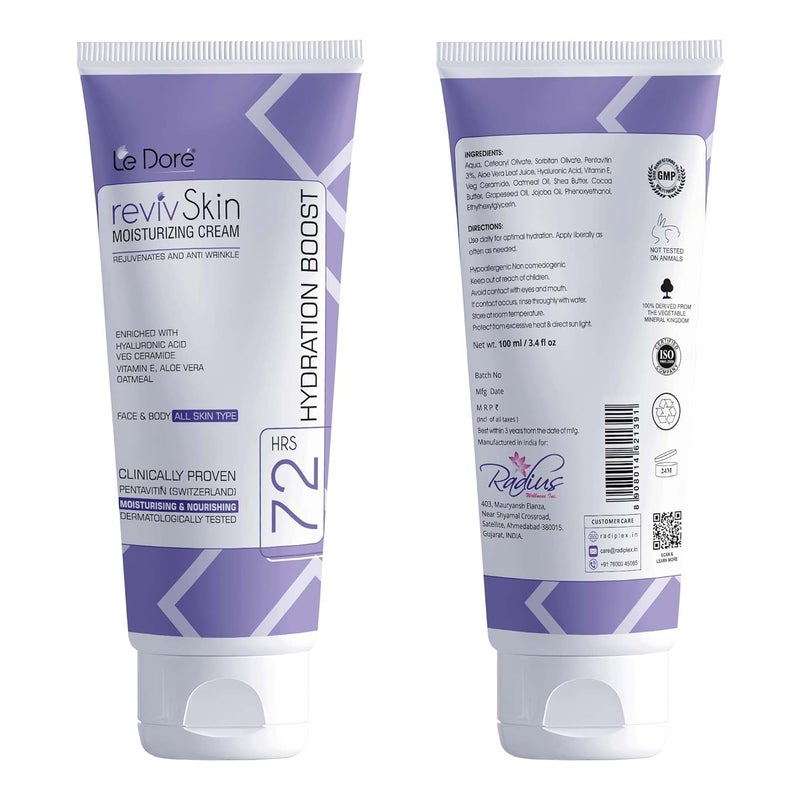 Le Dore RevivSkin Moisturizer  Clinically Proven 72hrs Deep Hydration Cream With Hyaluronic Acid Ceramide Vitamin E Aloe Vera Cocoa Shea Butter Oatmeal For All Skin Types Face and Body 100 ml - Image 2