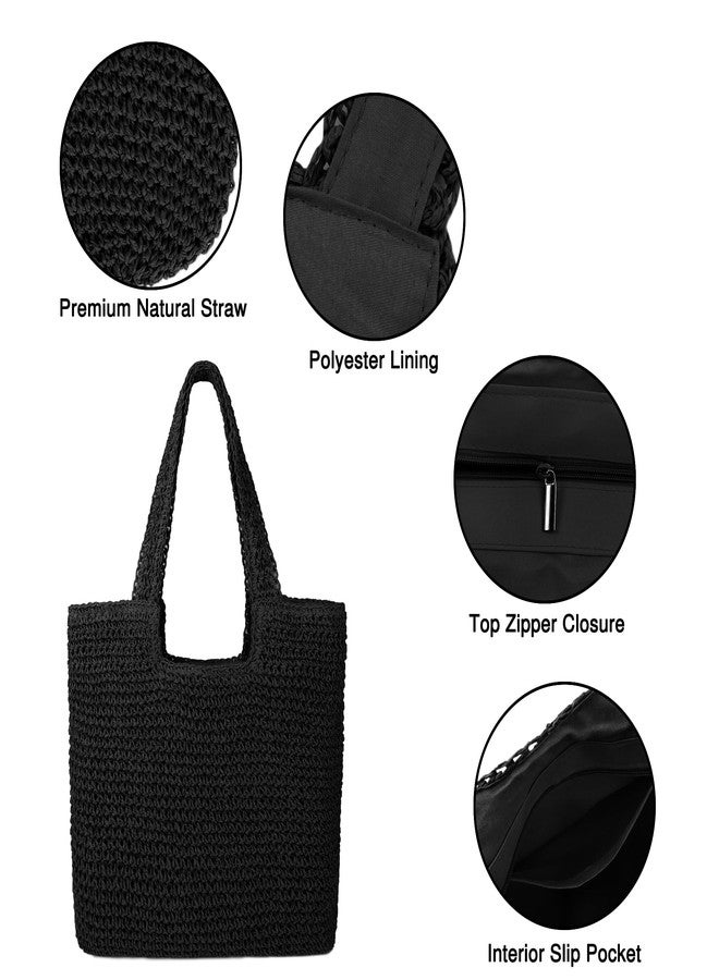 Youjaree Women Large Straw Beach Bag Handmade Woven Shoulder Bags Hobo Tote Handbag Summer Purse (Black) - Image 3