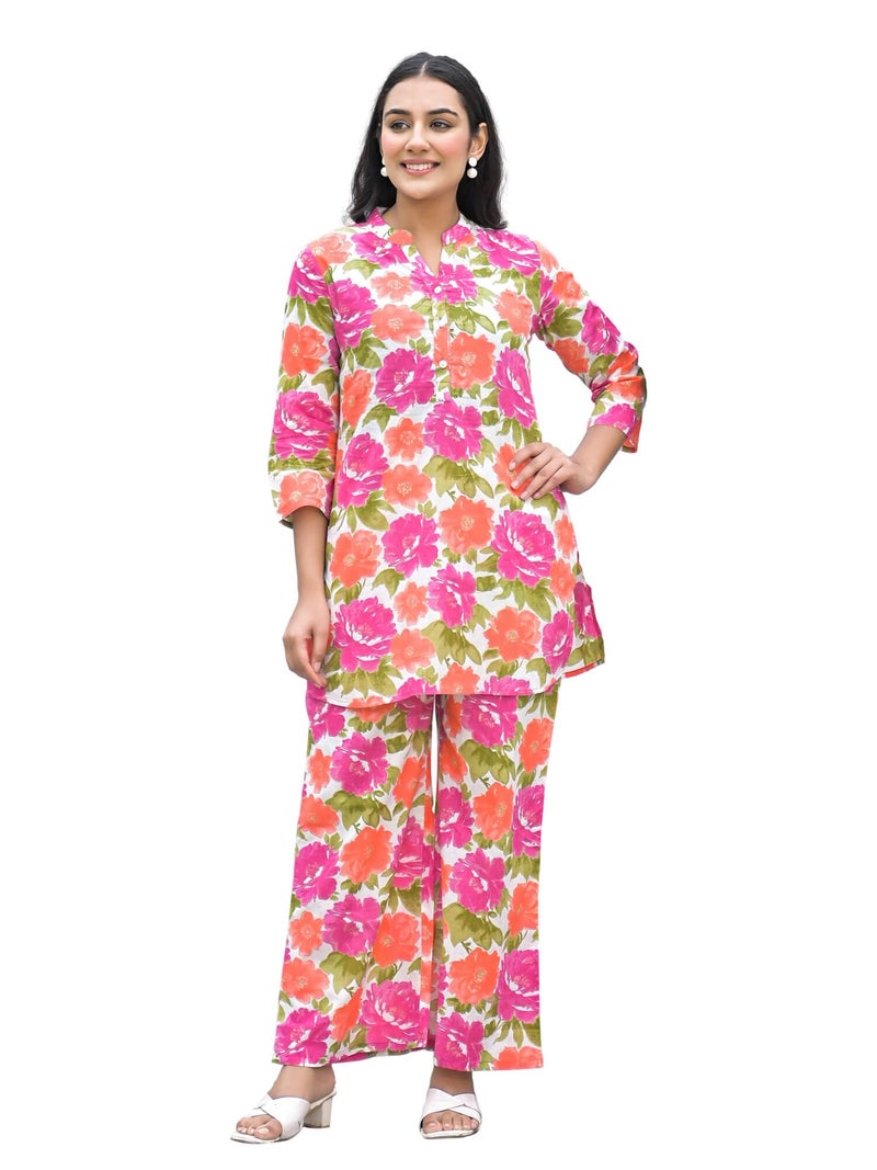 SHIFORY Pink Cotton Kurti Palazzo Set for Women, Round Neck, 3/4 Sleeves, Printed Casual Straight Fit Co-ord Set, Comfortable & Stylish - Image 1