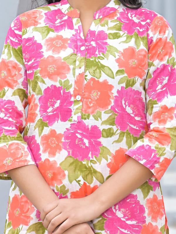 SHIFORY Pink Cotton Kurti Palazzo Set for Women, Round Neck, 3/4 Sleeves, Printed Casual Straight Fit Co-ord Set, Comfortable & Stylish - Image 3