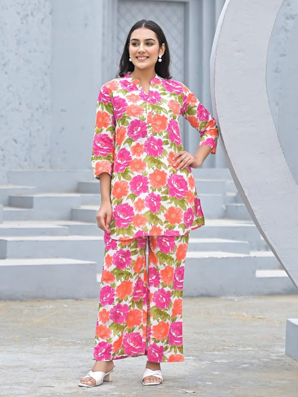 SHIFORY Pink Cotton Kurti Palazzo Set for Women, Round Neck, 3/4 Sleeves, Printed Casual Straight Fit Co-ord Set, Comfortable & Stylish - Image 5
