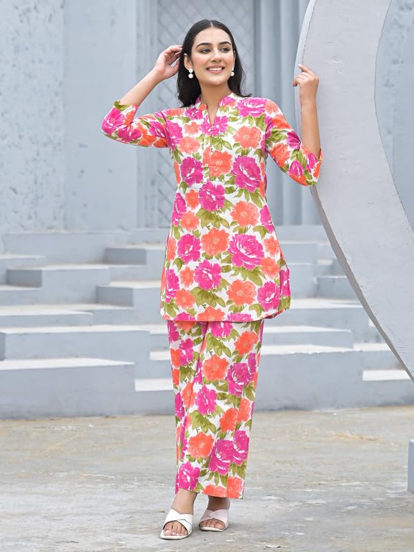 SHIFORY Pink Cotton Kurti Palazzo Set for Women, Round Neck, 3/4 Sleeves, Printed Casual Straight Fit Co-ord Set, Comfortable & Stylish - Image 4