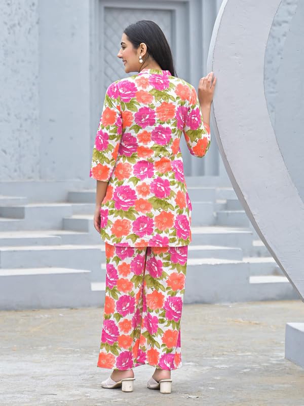 SHIFORY Pink Cotton Kurti Palazzo Set for Women, Round Neck, 3/4 Sleeves, Printed Casual Straight Fit Co-ord Set, Comfortable & Stylish - Image 2