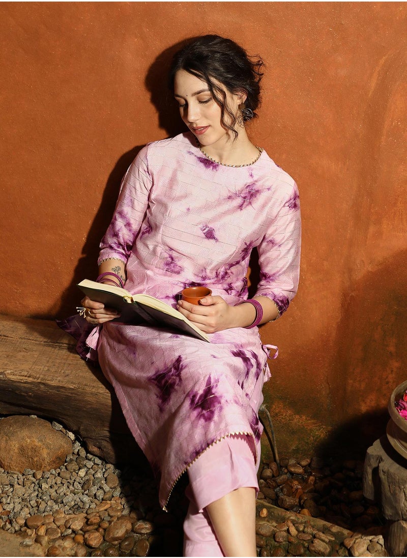 QISSA Women's Plum Purple Tie-Dye Kurta With Trousers  - Image 5