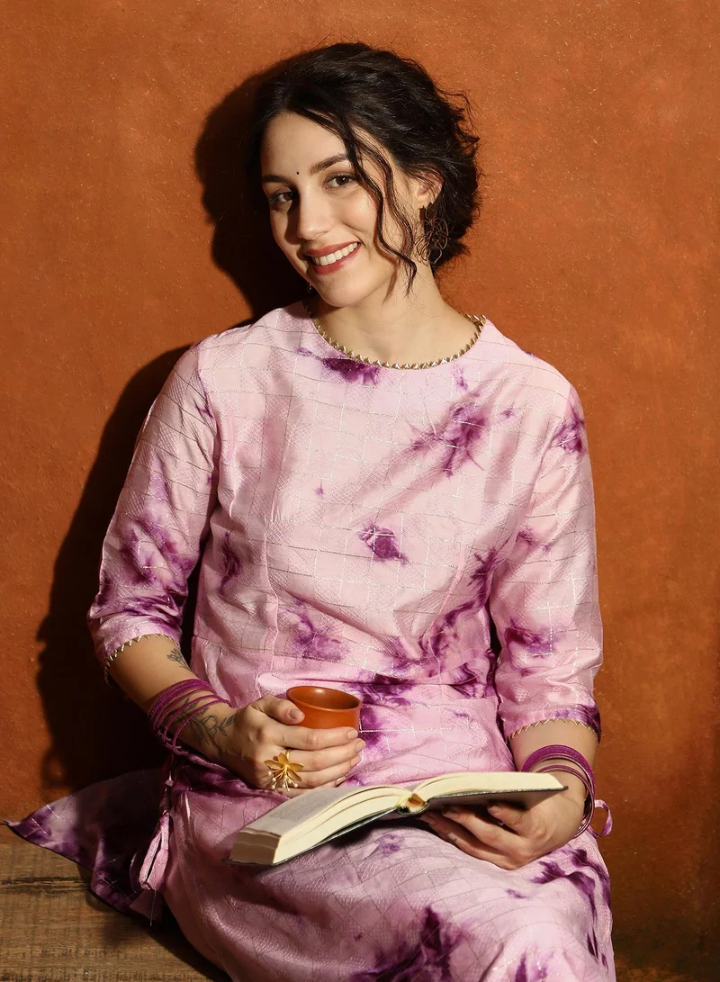 QISSA Women's Plum Purple Tie-Dye Kurta With Trousers