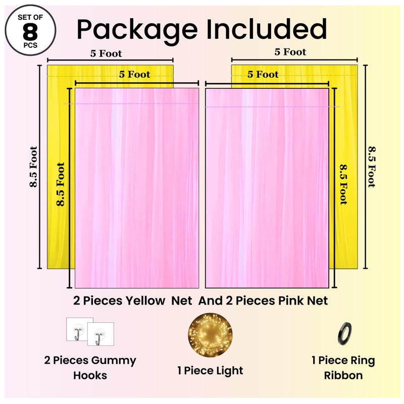 1iAM Yellow Pink Decoration Net, Light, Hooks, Ribbon Combo Pack of 8-2pcs Yellow, 2pcs Pink, 1pc Light, 2pcs Hooks & 1pc Ribbon for Birthday, Anniversary, Wedding, Haldi, Mehndi Party Decoration - Image 2