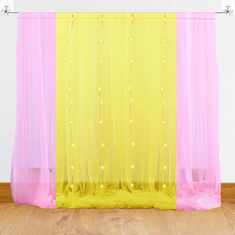 1iAM Yellow Pink Decoration Net, Light, Hooks, Ribbon Combo Pack of 8-2pcs Yellow, 2pcs Pink, 1pc Light, 2pcs Hooks & 1pc Ribbon for Birthday, Anniversary, Wedding, Haldi, Mehndi Party Decoration - Image 1