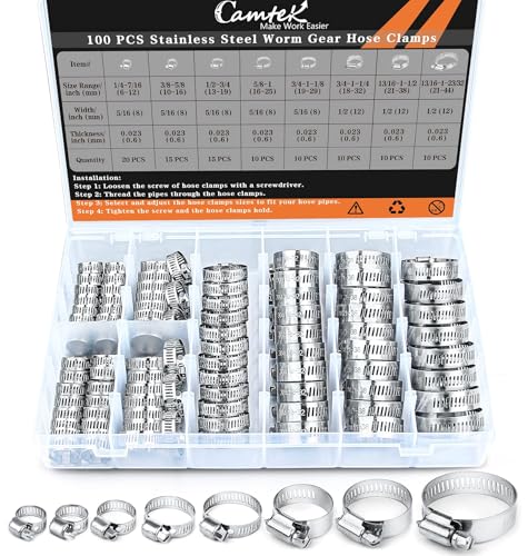 Camtek 100PCS Hose Clamps, Camtek Stainless Steel Adjustable 6-44mm Range Worm Gear Hose Clamp Duct Clamp Pipe Clamp Fuel Line Clamp for Plumbing, Automotive and Mechanical Applications Assortment Kit - Image 1