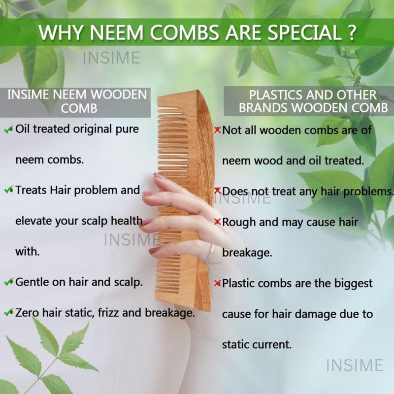 INSIME Neem wooden comb for women hair growth | Kacchi herb treated neem wood comb for men women | Dual 2 in 1 Fine & Wide tooth Hair comb for Men & Women - Image 5