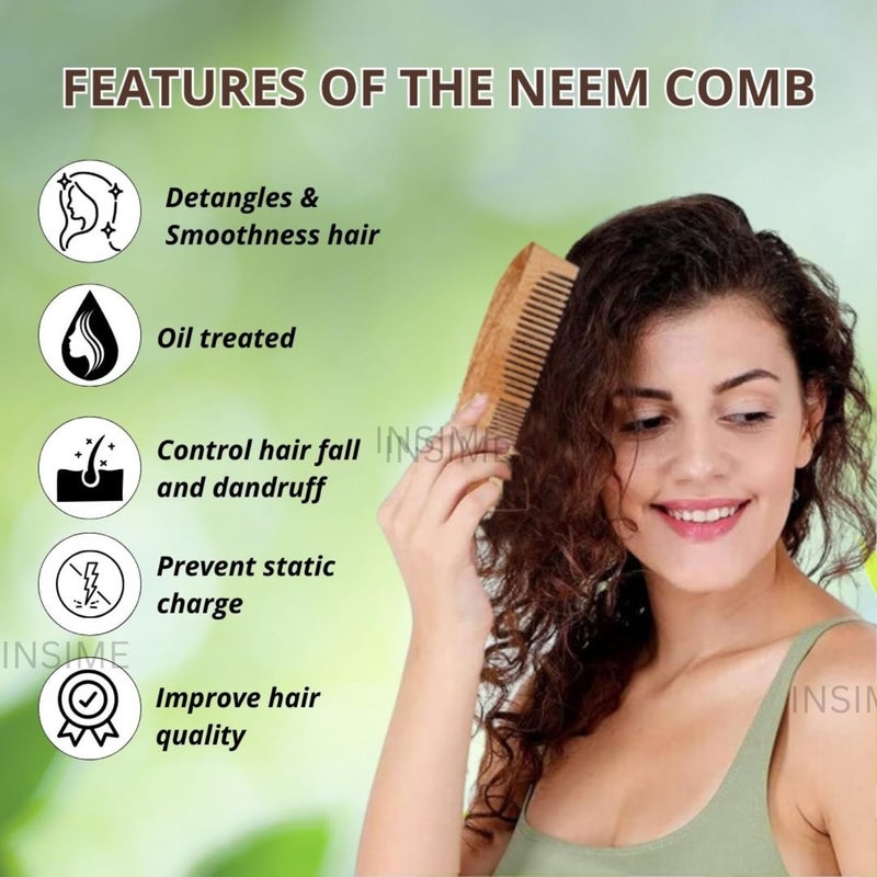 INSIME Neem wooden comb for women hair growth | Kacchi herb treated neem wood comb for men women | Dual 2 in 1 Fine & Wide tooth Hair comb for Men & Women - Image 3