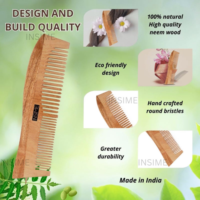 INSIME Neem wooden comb for women hair growth | Kacchi herb treated neem wood comb for men women | Dual 2 in 1 Fine & Wide tooth Hair comb for Men & Women - Image 4