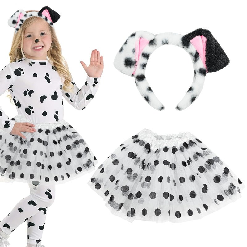 TORIHIKI 2 Pcs Spotted Dog Costume Set - Dalmatian Dog Ears Headband & Tutu for Animal Costume Theme Party - Image 1