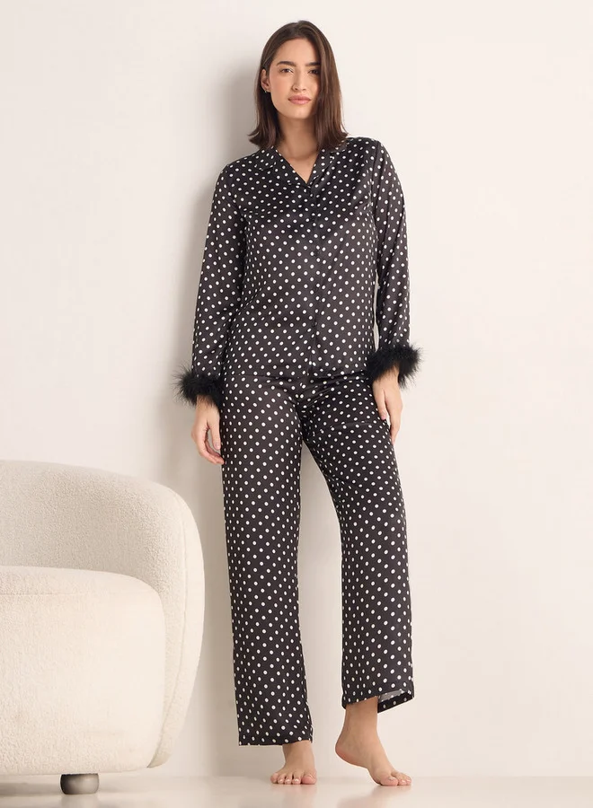 Splash FAV Polka Dot Print Satin Pyjama Set