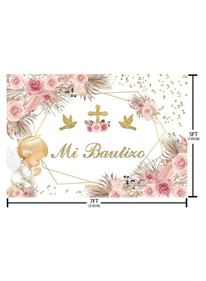 SENDY 7x5ft Mi Bautizo Backdrop Boho Baptism God Bless First Holy Communion Party Decorations for Girl Angel Pink Floral Gold Cross Glitter Background Christening Newborn Baby Shower Photo Booth Props