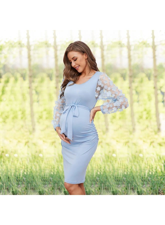 LAHILO Floral Mesh Bishop Long Sleeve Maternity Midi Dress, Fall Maternity Bodycon Dress for Baby Shower/Wedding Guest/Photoshoot Blue, M - Image 4