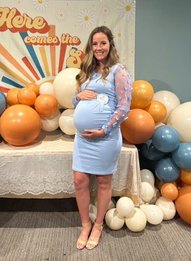 LAHILO Floral Mesh Bishop Long Sleeve Maternity Midi Dress, Fall Maternity Bodycon Dress for Baby Shower/Wedding Guest/Photoshoot Blue, M - Image 2