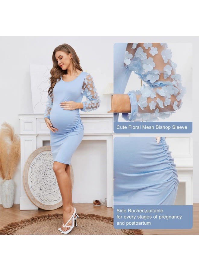 LAHILO Floral Mesh Bishop Long Sleeve Maternity Midi Dress, Fall Maternity Bodycon Dress for Baby Shower/Wedding Guest/Photoshoot Blue, M - Image 5