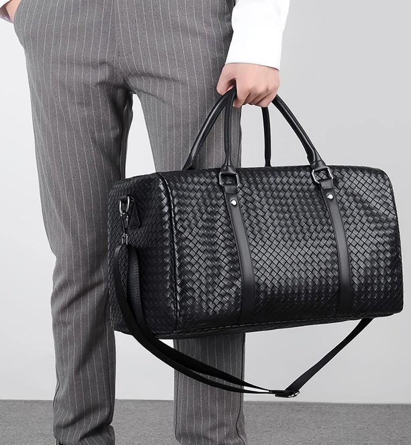 MCWTH Leather Travel Duffle Bag for Men, Woven Carry On Weekender Overnight Bags for Business Sports Gym (Black) - Image 5