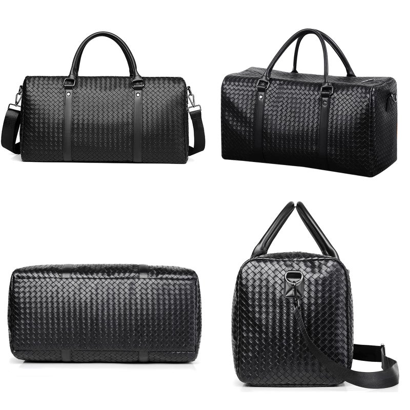 MCWTH Leather Travel Duffle Bag for Men, Woven Carry On Weekender Overnight Bags for Business Sports Gym (Black) - Image 2