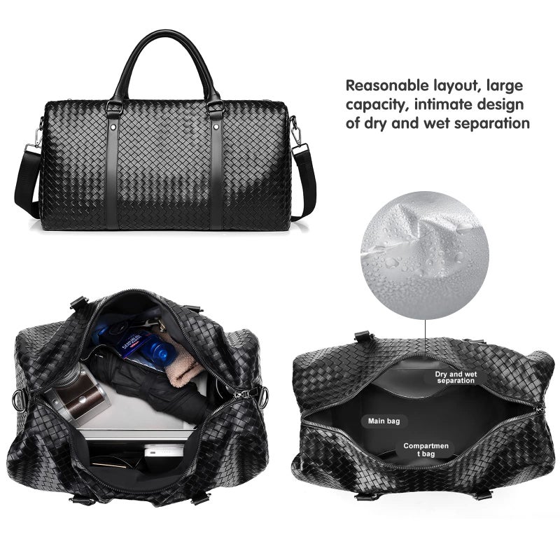MCWTH Leather Travel Duffle Bag for Men, Woven Carry On Weekender Overnight Bags for Business Sports Gym (Black) - Image 3