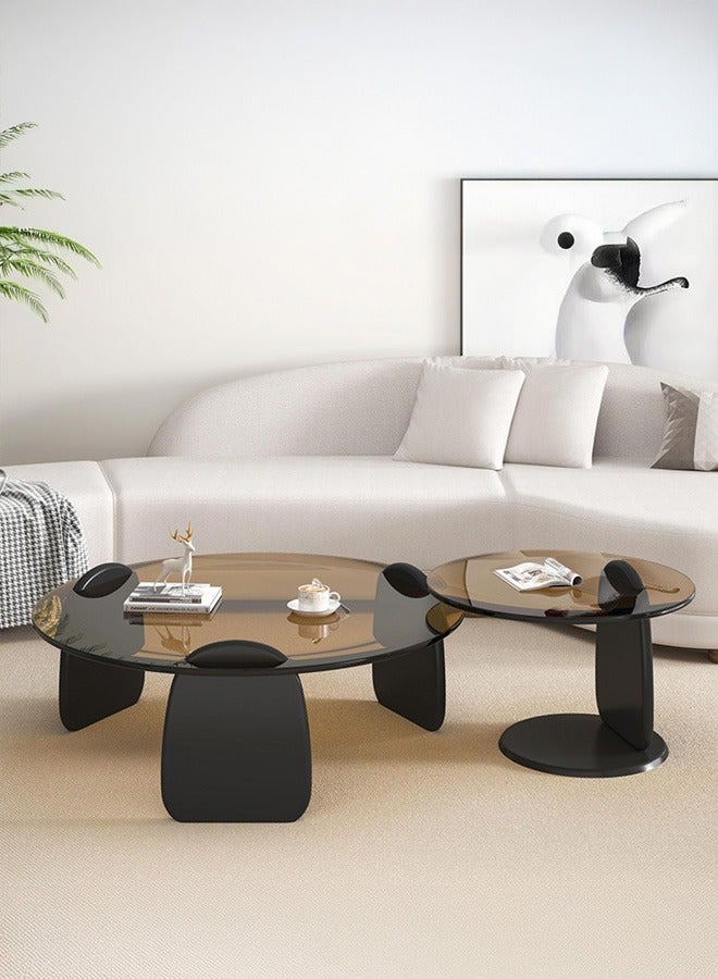 XiuWoo Modern Luxury Round Coffee Table Set, Glass Coffee Tables, Tempered Glass, Smooth Edges, 3cm Thick Frame, Large 80cm & Small 50cm Coffee Tables, Applicable to living room, Black  - Image 1