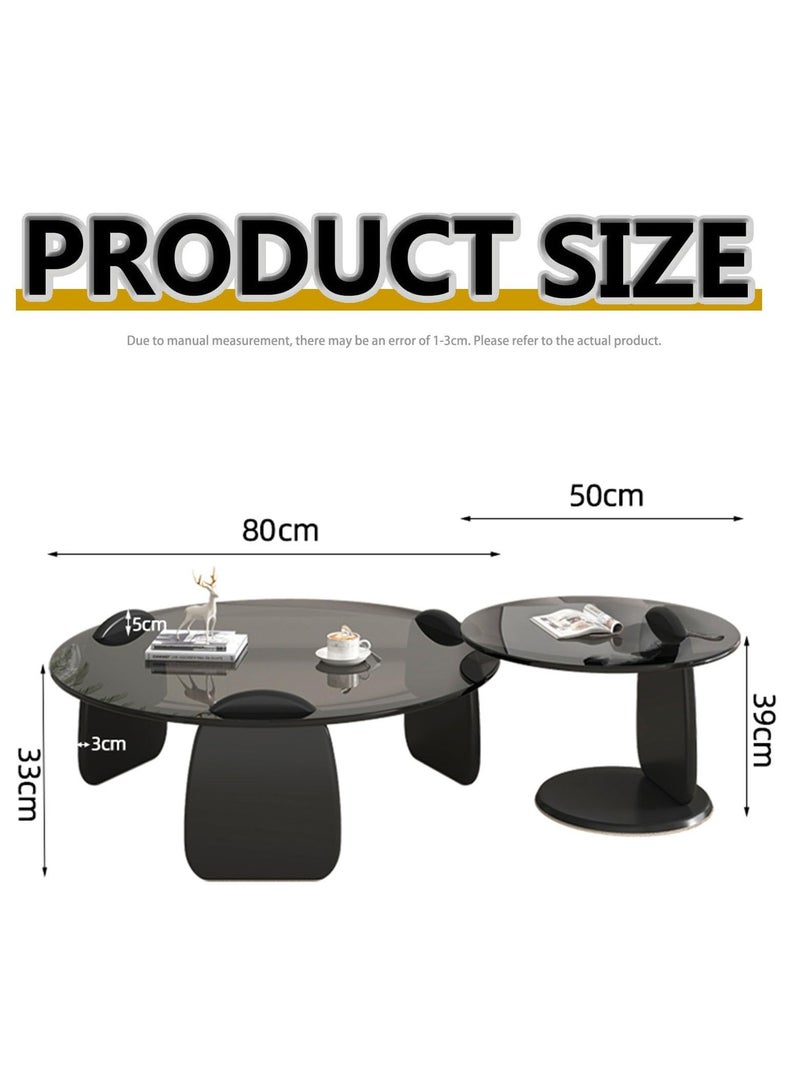 XiuWoo Modern Luxury Round Coffee Table Set, Glass Coffee Tables, Tempered Glass, Smooth Edges, 3cm Thick Frame, Large 80cm & Small 50cm Coffee Tables, Applicable to living room, Black  - Image 2