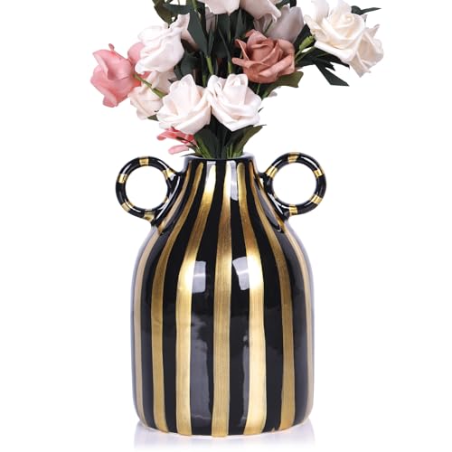 oliruim Ceramic Black and Gold Hand-Painted Striped Decorative Vase for Modern Bohemian Pampas Grass Decoration, Dining Table Centerpiece, Tabletop, Living Room, Home Decor Aesthetics (C) - Image 1