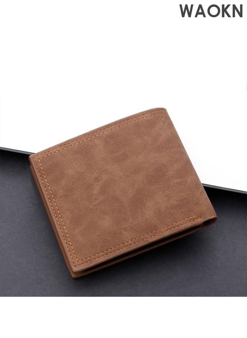 WAOKN Men's leather material wallet, designed in a fashionable, simple, versatile retro style, large capacity short wallet, portable wallet, multi card large capacity wallet, portable, durable and wear-resistant wallet. - Image 2