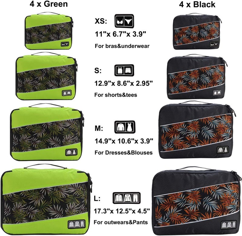 Idesort 8 Set Packing Cubes, Travel Luggage Bags Organizers Mixed Color Set (Green Black) - Image 2
